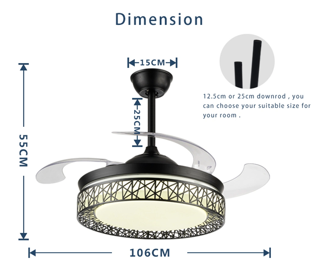 OEM ODM 220V 240V Save Energy Quiet Invisible Black Chandeliers 3 Colors Change Light Fan Ceiling